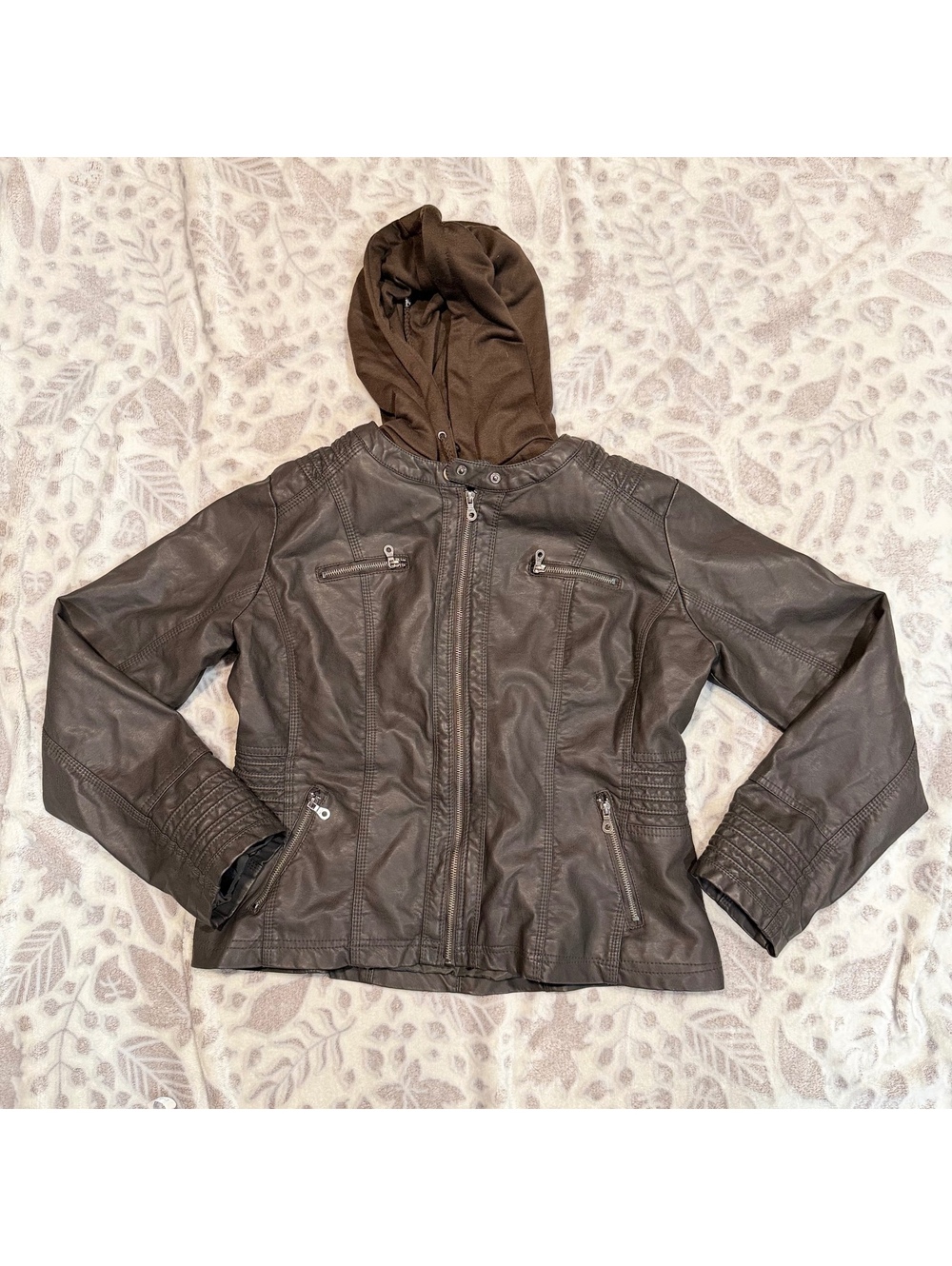 Made‎ By Johnny Dark Academia Moto Faux Leather Hooded Jacket Brown Grunge XXL